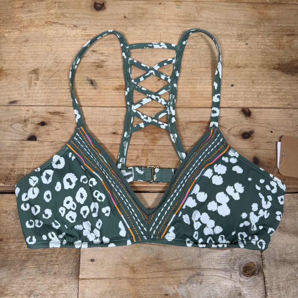 Hobie Olive Green Abstract Print Embroidered Bikini Set Medium NWT/Liner - Picture 3 of 16